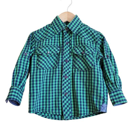 PD&C Toddler Button Down Shirt Green Plaid Long Sleeve Boys Size 2T - Picture 1 of 4